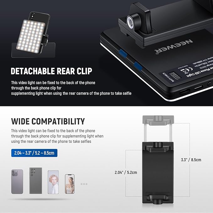NEEWER Basics NL-60AI Selfie Light for Phone with Front & Back Clip, 60 LED 2000mAh Rechargeable CRI95+, 3 Modes, Portable Clip on Fill Lighting for Tablet Computer Laptop Zoom Call TikTok Video