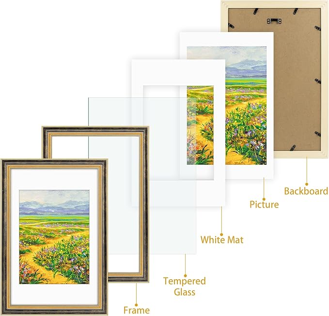 Golden State Art,11x17 Ornate Picture Frame for 9x12 Photo With Mat or 11 x 17 Prints Without Mat, Real Glass Wall Display Horizontally or Vertically (Color:Black Gold)