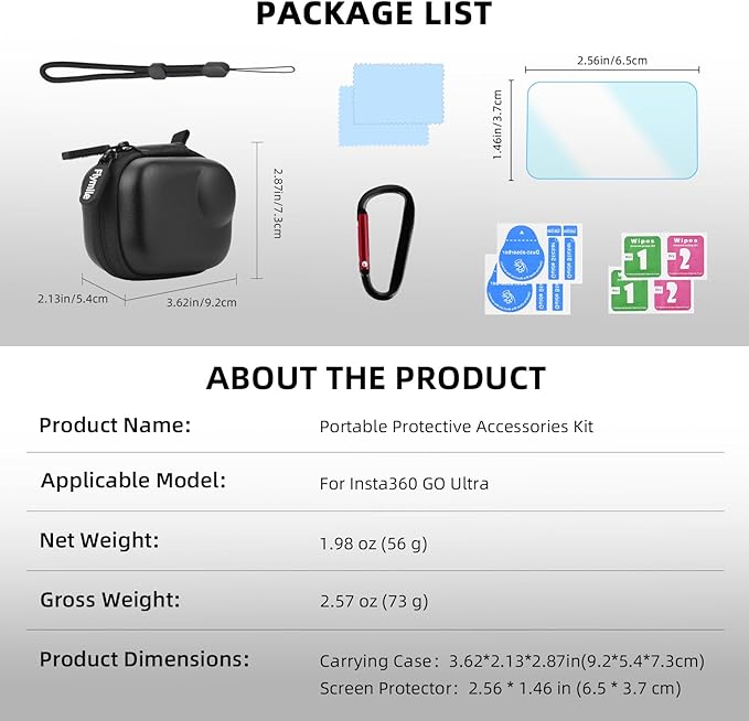 Flymile Small Carrying Case + 2 Pack Screen Protector for Insta360 GO Ultra, PU Hard Portable Travel Storage Bag With Carabiner & Wrist Strap, Tempered Glass Film Protective Lens Cover Accessories Kit