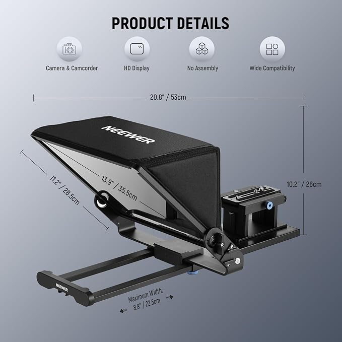 Neewer Teleprompter X14 III with RT113 Remote/App Control, 45° Tilt 14" Beamsplitter All Metal Frame Upgraded Camera Mount QR Plate Compatible with Manfrotto 501PL for iPhone iPad DSLR, Assembly Free