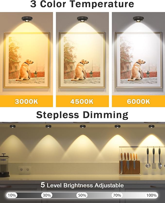 WILLED Picture Lights for Wall, 1200mAh Rechargeable Battery Operated Picture Frame lights, Puck Lights with Remote, Dimmable & Timer Art Lighting for Paintings Wireless, Magnetic Gallery Light/3 Pack