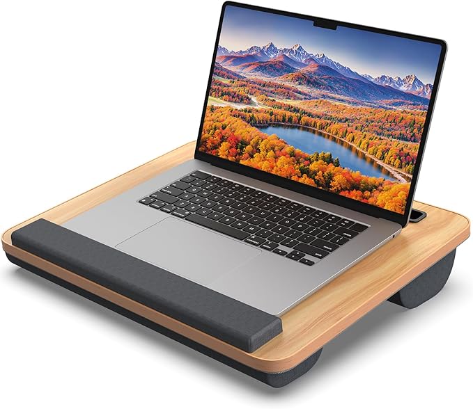 Portable Lap Desk, Laptop Stand for Bed with Soft Wrist Rest, Tablet/Phone Slot, Fabric Handle, Laptop Bed Desk with Cushion (Light Brown)