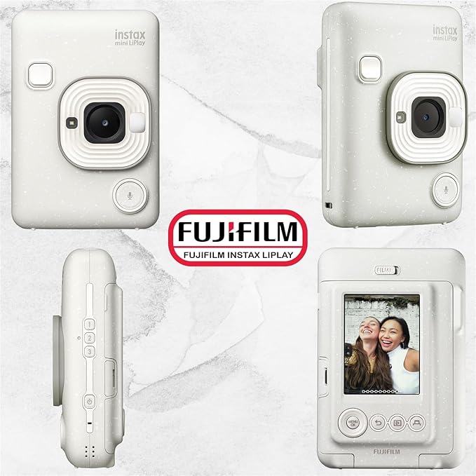 Fujifilm Mini LiPlay Hybrid Instant Camera with Mini Film, 32GB microSD Card, Charging Cable, Hand Strap and Pixibytes Microfiber Cleaning Cloth...(Misty White + 20 Sheets)