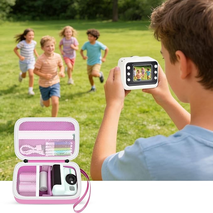 Kids Camera Case Compatible with Cimizi/for Dylanto/for Gofunly/for DUDUDRAGON/for HiMont Instant Print Cameras & Film Cameras, Shockproof Organizer with Removable Divider & Mesh (Pink, Large)