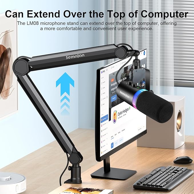 LM08 Mic Arm Stand, 360° Microphone Stand with Cable Management Channels, Desk Clamp, Thread Adapter, Fully Adjustable Built Podcast Mic Boom Arm for Streaming Gaming Recording Black