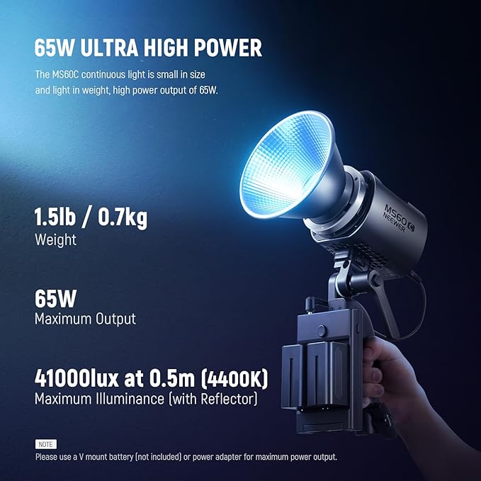 NEEWER MS60C RGBWW LED Video Light with 2.4G/APP Control, 65W Metal Mini RGB COB Continuous Output Lighting Bowens Mount Handheld Spotlight 2700K-6500K,8300lux/1m, CRI 97+/TLCI 98+,17 Effects + RGBCW