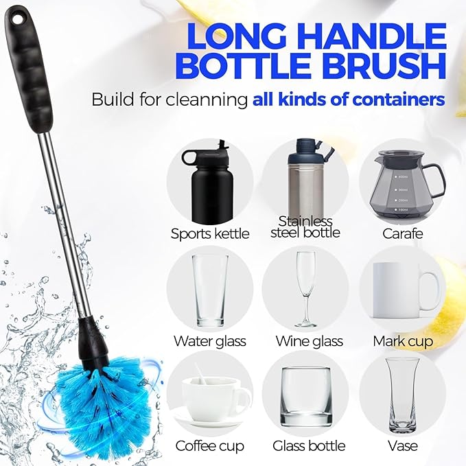 Holikme 5 Pack Bottle Brush Cleaner Set, 14" Long Handle Stainless Steel Bottle Cleaner Brush, 3 Straw Brushes, Bottle Cleaning Brush for Water Bottle, Cups, Baby Bottle, Straws Blue