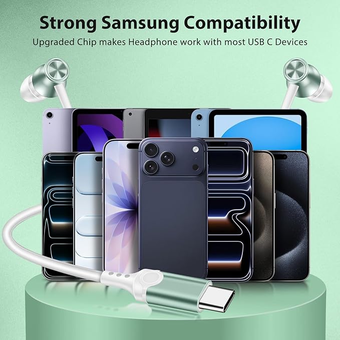 Jiunai USB C Earbuds for iPhone 17 16 15 in Ear Wired Headphones with USB C Plug Magnetic Stereo Volume Control Corded Type C Earphones for Samsung Galaxy S26 S25 S24 Ultra Pixel 10 for iPad Green