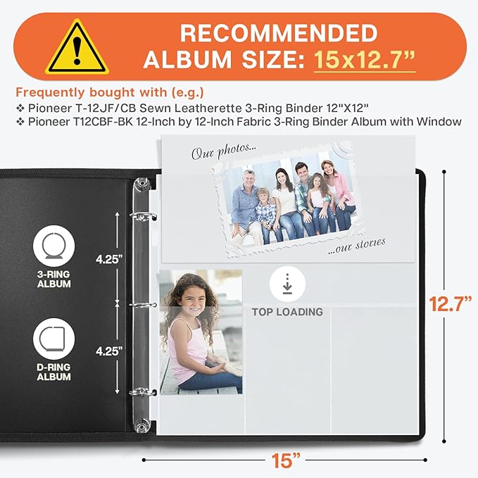 Dunwell Scrapbook Page Protectors 12x12, (25 Pack) Fits 3-Ring Scrapbook Album Binder, Combo Layout Holds 150 4x6 Vertical Photos, plus 6x12 Top Pocket, 12x12 Refill Pages Protectors, Acid-Free Poly
