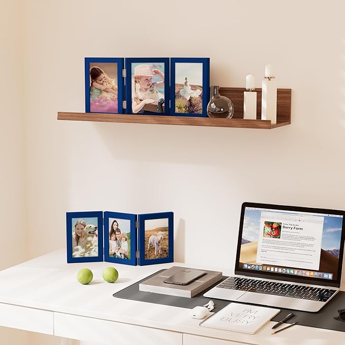 decorUhome Triple 4x4 Picture Frame Vertical, Engineered Wood Trifold Photo Frame with Plexiglass for Tabletop Display, 4x4, Royal Blue