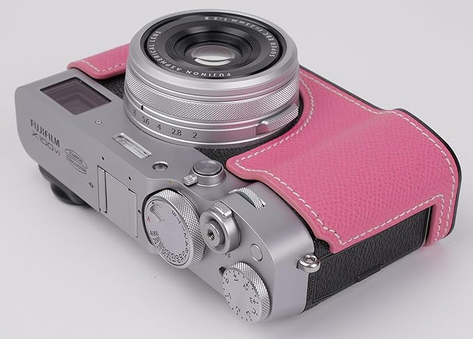 Uchandmade Genuine Leather Camera Half Case for Fujifilm X100VI - Top Layer Cowhide Body + Metal Base Plate - Hand Shank Free Design (Pink)