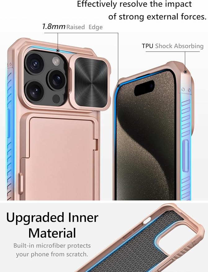 Vihibii for iPhone 15 Pro Case Wallet with Slide Camera Cover, Built-in Card Holder (4 Cards) & Kickstand, Heavy Duty Shockproof Rugged Phone Protective Case for iPhone 15 Pro 5G 6.1" 2023, Rose Gold