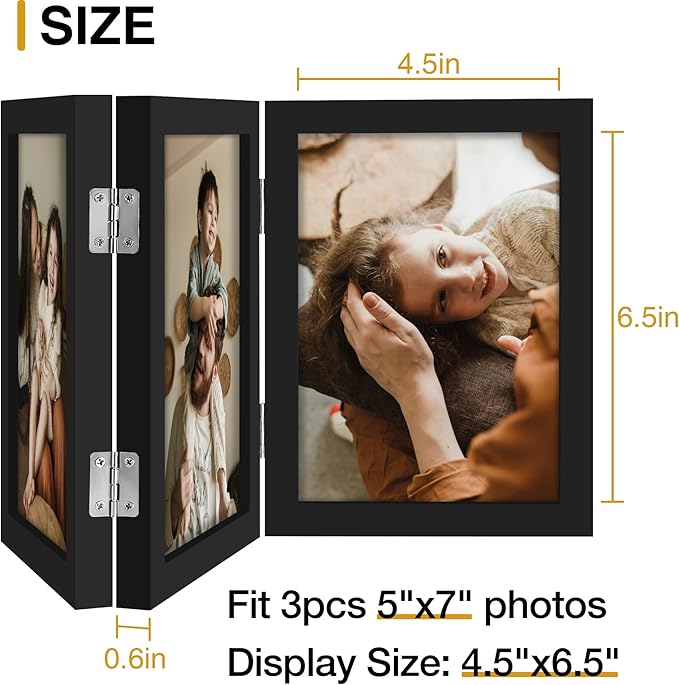 decorUhome Triple 5x7 Picture Frame Vertical, Engineered Wood Trifold Photo Frame with Plexiglass for Tabletop Display, 5x7, Black
