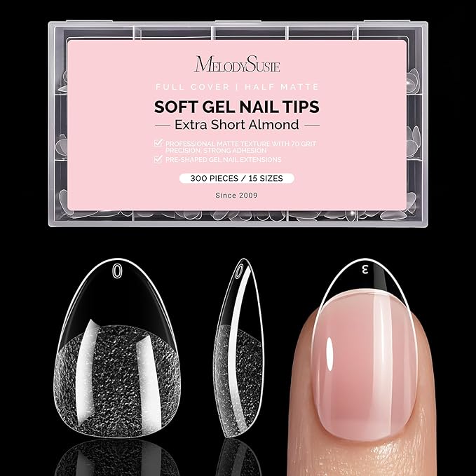 MelodySusie Extra Short Almond X Nail Tips - 300Pcs 15 Sizes Clear Acrylic,Half Matte Full Cover Press on Nails for DIY Extension & Salon Use, Pre-Shaped for Long-Lasting Manicure