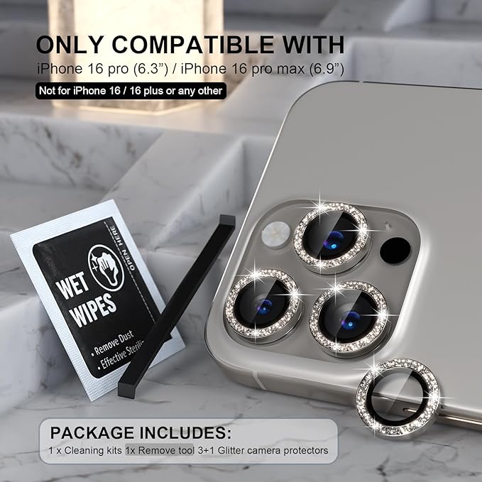 Choiche Compatible for iPhone 16 Pro/iPhone 16 Pro Max Camera Lens Protector Bling, 9H Tempered Glass Camera Cover Screen Protector Metal Ring Decoration Accessories(Glitter-Titanium Natural)