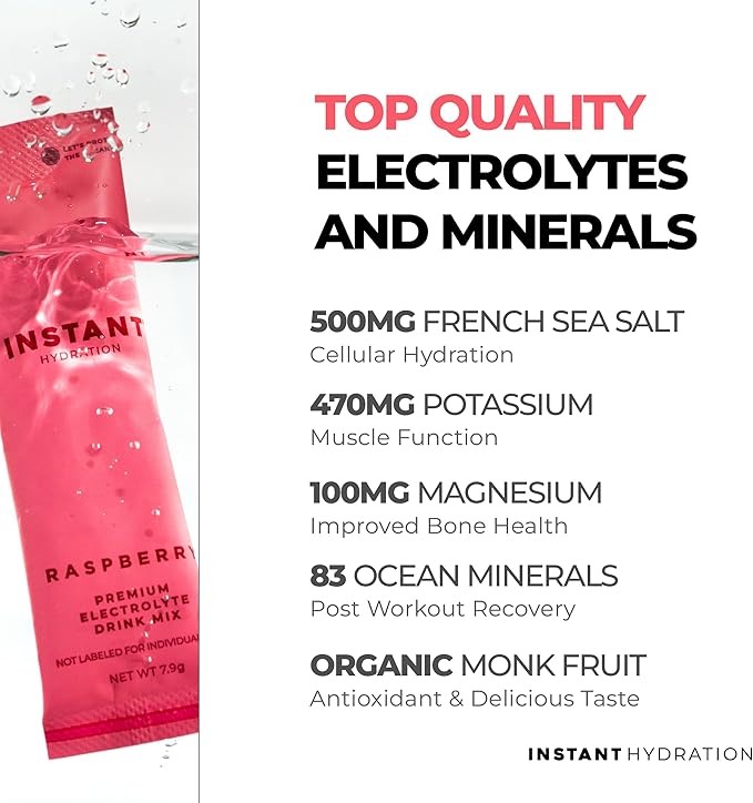Instant Hydration Electrolytes Powder Packets - Raspberry Electrolyte Drink Mix - Zero Sugar - Keto, Vegan, Gluten-Free, Non-GMO - Boost Recovery, Brain Health, Muscle & Tissue Support- 30 Sticks