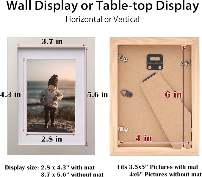 KINLINK 4x6 Frame Light Grey, Solid Wood 4 x 6 Picture Frame with Acrylic Plexiglass for 3.5x5 with Mat, Tabletop and Wall Display Photo Frames 4x6 Grey, 4 Pack