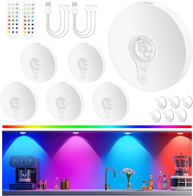 Rechargeable Puck Lights with Remote, 6 Pack Magnetic Under Cabinet Lighting, 1500mAh Battery Operated LED Tap Lights with Dimmer & Timmer for Kitchen, Closet, Shelf - 3 Color Temps & 12 RGB, White