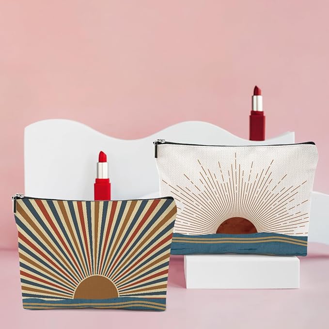 4PCS Sunshine Makeup Bag, Boho Gifts for Women, Natural Linen Zipper Pouch, Sunlight Rays Nature Best Sunshine Gifts for Girls Sister Travel Boho Cosmetic Bag