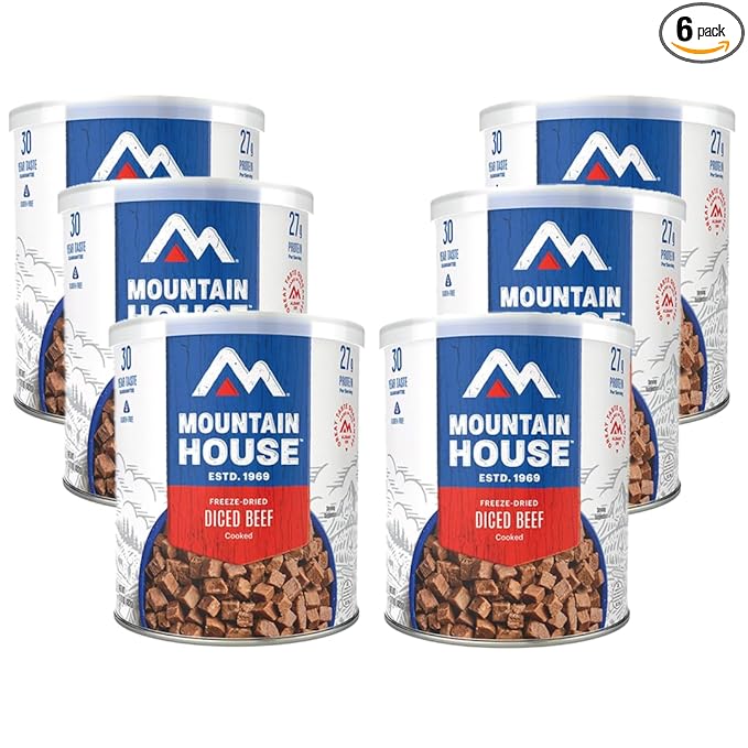 Mountain House Freeze-Dried Diced Beef #10 Can – 15 Servings per Can – Gluten-Free & Dairy-Free Emergency Survival Canned Food for Camping, Hiking & Backpacking – Long-Term Storage Meal – 30-Year Taste Guarantee – Pack of 6 – Made in USA