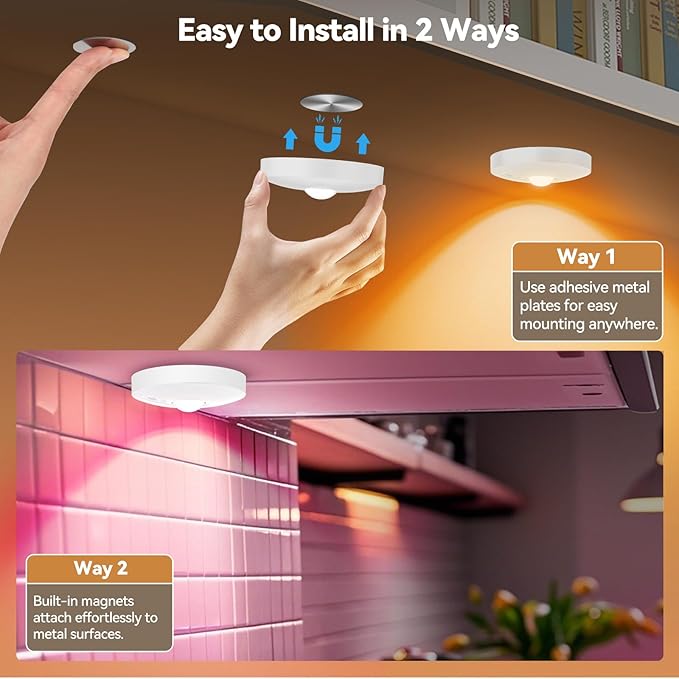Rechargeable Puck Lights with Remote, 6 Pack Magnetic Under Cabinet Lighting, 1500mAh Battery Operated LED Tap Lights with Dimmer & Timmer for Kitchen, Closet, Shelf - 3 Color Temps & 12 RGB, White