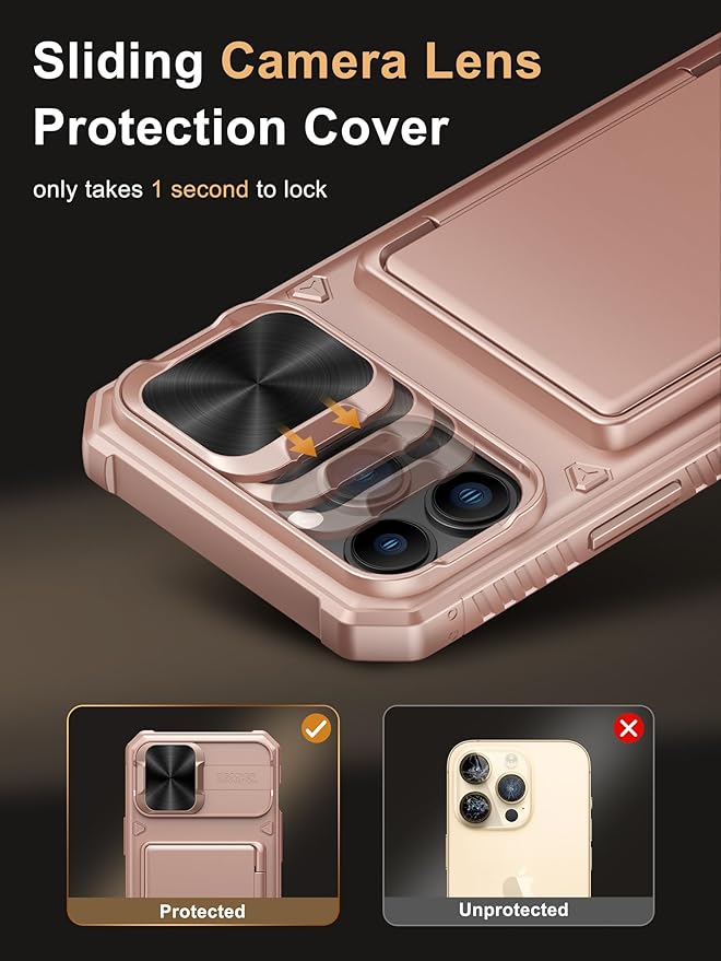 Vihibii for iPhone 13 Pro Max/iPhone 12 Pro Max Case with Card Holder (4 Cards), [RFID Blocking] & Slide Lens Camera Cover, Military Grade Drop Protection, Heavy Duty Wallet Phone Case, Rose Gold