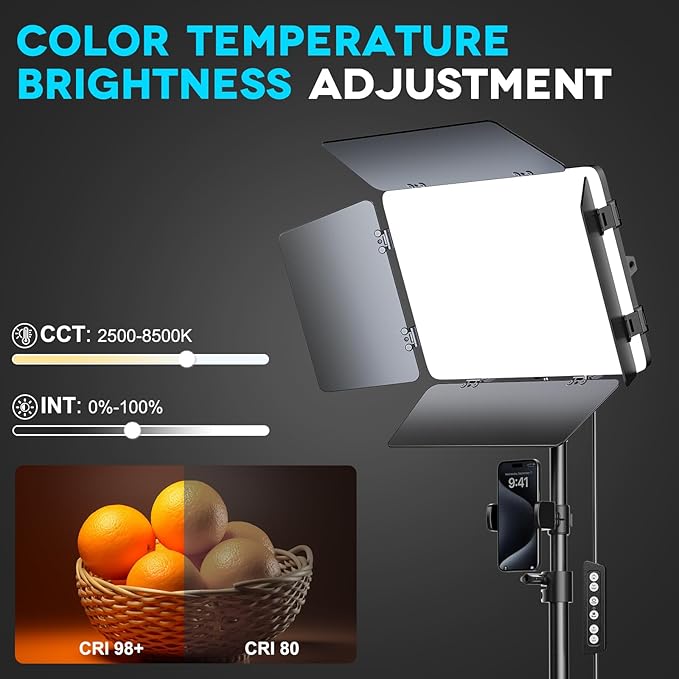 2 Pack LED Video Light Kit 79'' Tripod Light Stand, 30W 3000Lux Photography Light with Barndoor, CRI 98+ 2500K-8500K Studio Lights Panel Podcast Lighting for Video Recording/Game Live Streaming