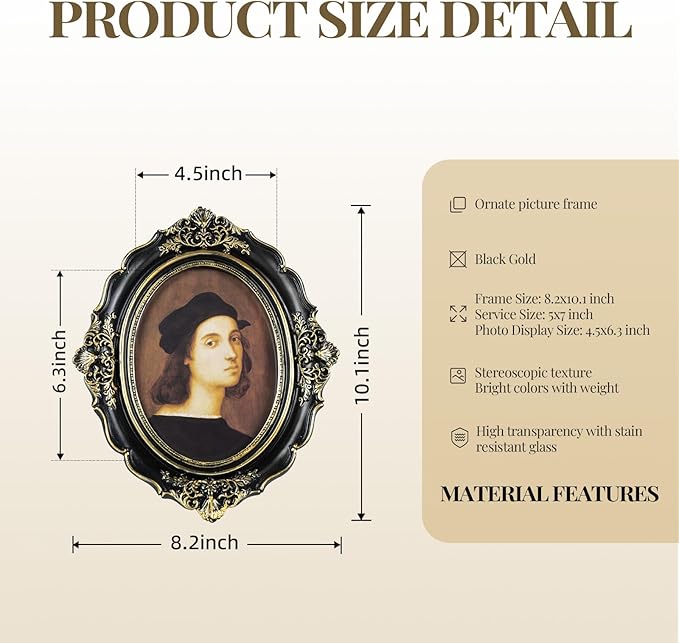 Cuspin 5x7 Picture Frame Black and Gold, Vintage Ornate Baroque Resin Photo Frame with Glass Front for Wall Hanging or Tabletop Display, Oval Frames for Horizontal or Vertical