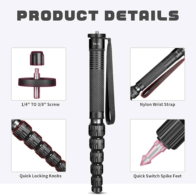 TONYBOO 68.5” Monopod for Camera, Φ36mm 6-Section Aluminum Camera Monopod Stand, with Wrist Strap, Rubber Grip, Twist Locks, Compatible with Photography DSLR Camera Mirrorless, Max Load 40 lbs - TA-7L