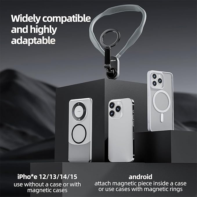 REYGEAK Magnetic Neck Phone Mount,2024 New POV/Vlog Phone Holder for Magsafe iPhone 16/15/14/13/12 Pro Mini/Plus/Pro/Pro Max,Hand Free Chest Stand Video Recording for Android Phone Accessory(Grey)