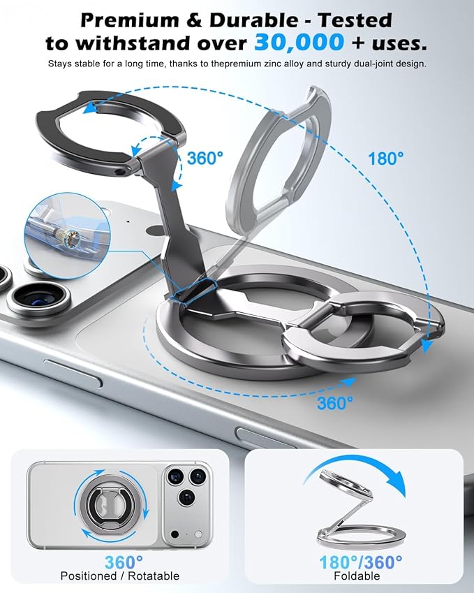 CloudValley for Magsafe Phone Grip Holder - Adjustable Dual-Sided Magnetic Finger Ring Stand 4-in-1, Compatible with iPhone 17/16-12 & MagSafe Car Mounts