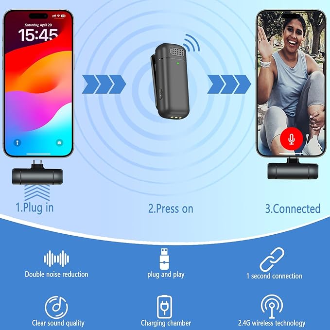 2 Pcs 3 in 1 Wireless Lavalier Microphones for iPhone iPad USB C Android Laptop with Charging Case, Clip on Lapel Mic Plug-Play Cordless Mini Mic for Video Recording Vlogging, YouTube, Interview