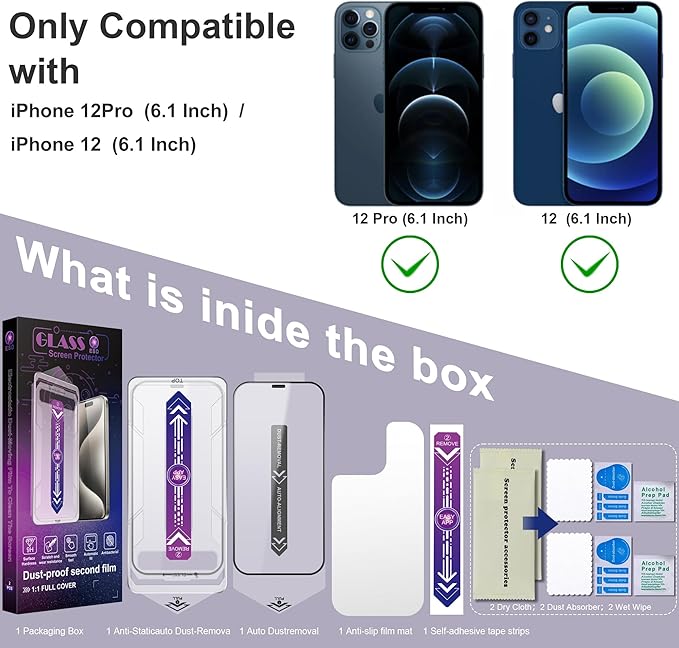 CHRYSHA 2 Pack Screen Protector for iPhone 12 Pro/iPhon 12, 9H Tempered Glass, Full Coverage, Anti-Fingerprint, Auto Dust-Elimination, No Bubble, Easy Installation