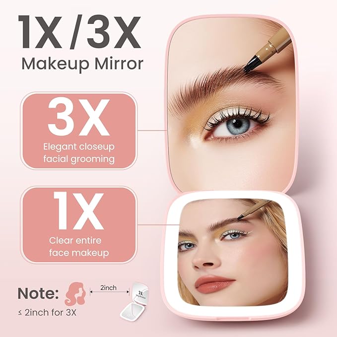 Compact Mirror with Light, 1X/3X Magnification LED Travel Pocket Makeup Mirror with 3 Color Modes, Rechargeable and Dimmable, Portable Lighted Mirror for Women – Pink