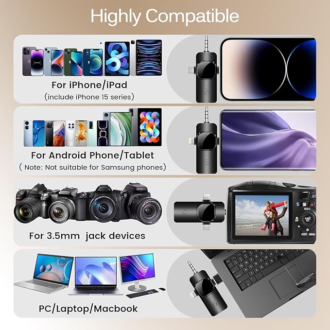 Professional Wireless Lavalier Lapel Microphone for iPhone, iPad, Mini Video Recording Mic for Interview Video Podcast Vlog YouTube & Livestream, Noise Reduction, Plug & Play (3-IN-1 All Devices)