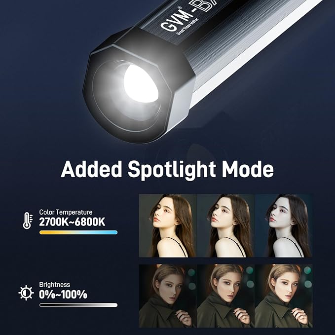 GVM BX8C RGB Tube Light with Spotlight, Full Color Photography Handheld LED Video Lighting Wand Stick with Bluetooth Control, 6 Pixel Effects 12 Lighting Scenes, 2000K-10000K, 3300mAh Battery