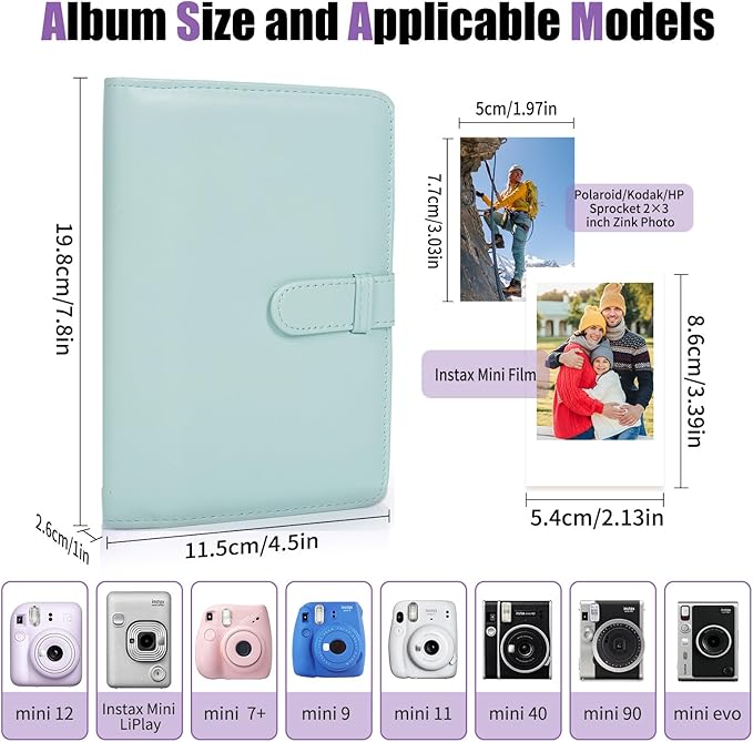Riosin 108 Pockets Mini Album Compatible with Fujifilm Instax Mini film, Suitable for Instax Mini 12/11/7+/9/Evo/Link 2, 2x3"Photo Album for Canon ivy 2 Kpop Photocard(Mint Green)