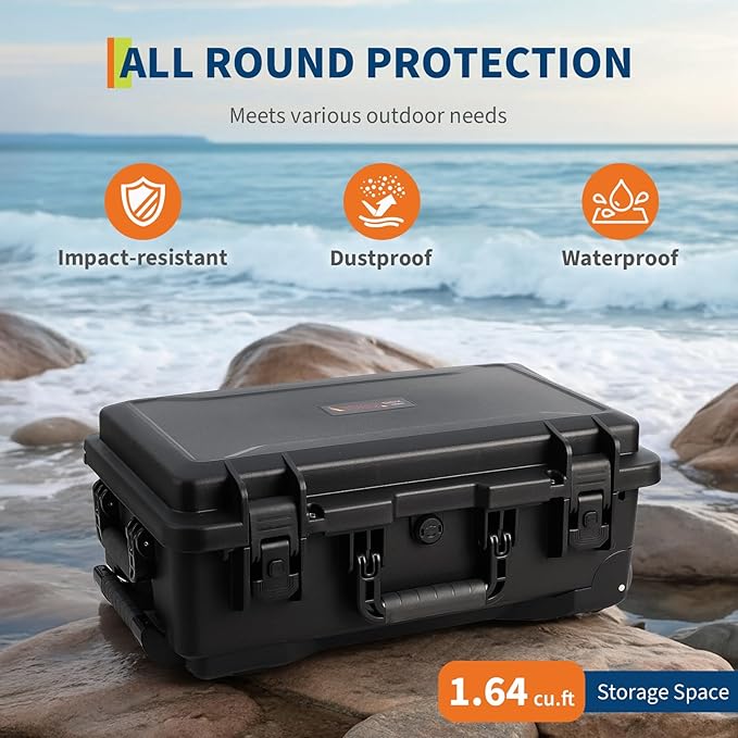Heavy Duty Waterproof Camera Case for Diving and Outdoor Water Sports – Dustproof, Impact Resistant Dry Box with Padded Dividers, Wheels, 22” x 14” x 9” – Includes Document Bag & Camera Insert