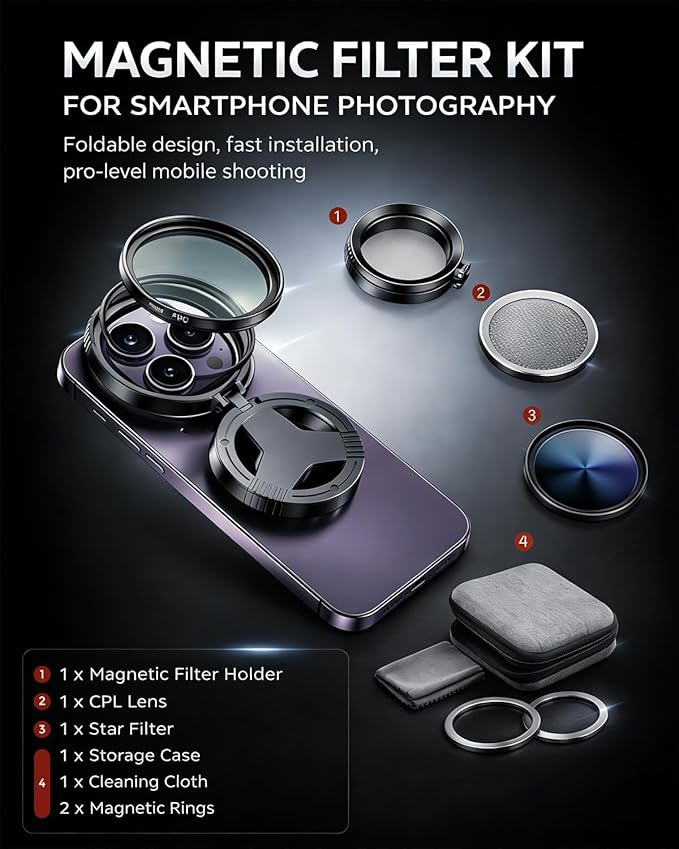 Anti-Glare Magnetic Phone Filter, Foldable Portable Anti Glare Phone Camera Lens, Professional 52mm CPL Polarizing Filter, Quick Mount, Reduce Reflections, Enhance Colors (No Set with Starry Filter)