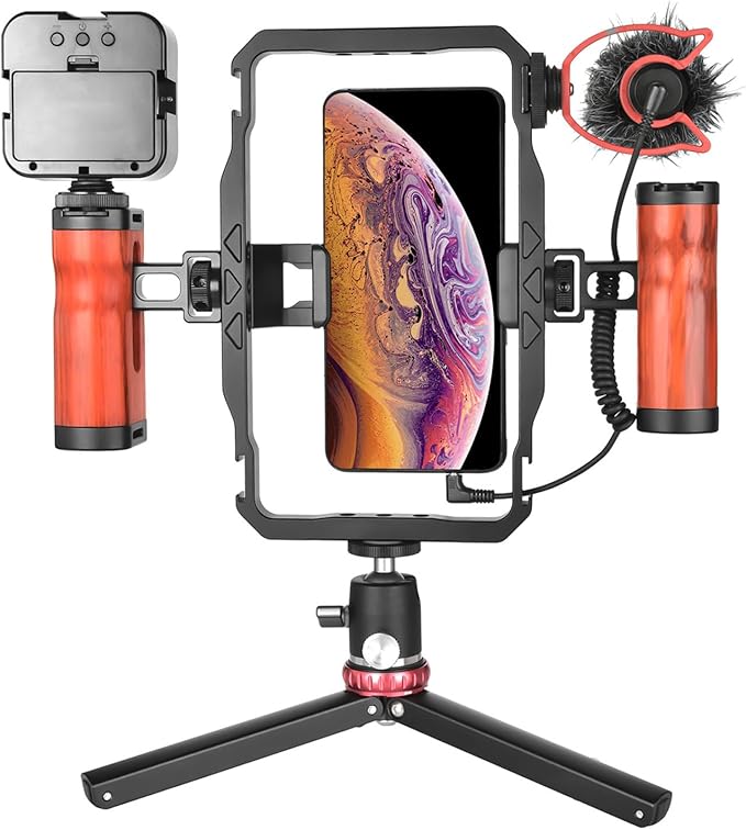 Smartphone Video Rig Kit Aluminum Alloy Dual Wooden Handle Phone Cage Kit Vlogs Videos Live Streaming Suit for Anyone