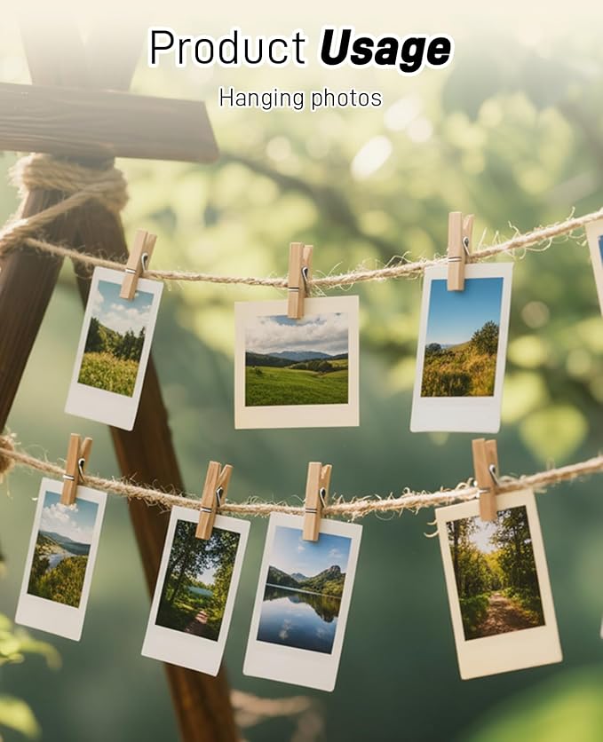 Gaahkai 200PCS 1.2" Picture Clips Wall Hanging with 328FT Photo String, Tiny Hanger Clothes Pins for Photos, Mini Clothespins Wooden for Baby Shower