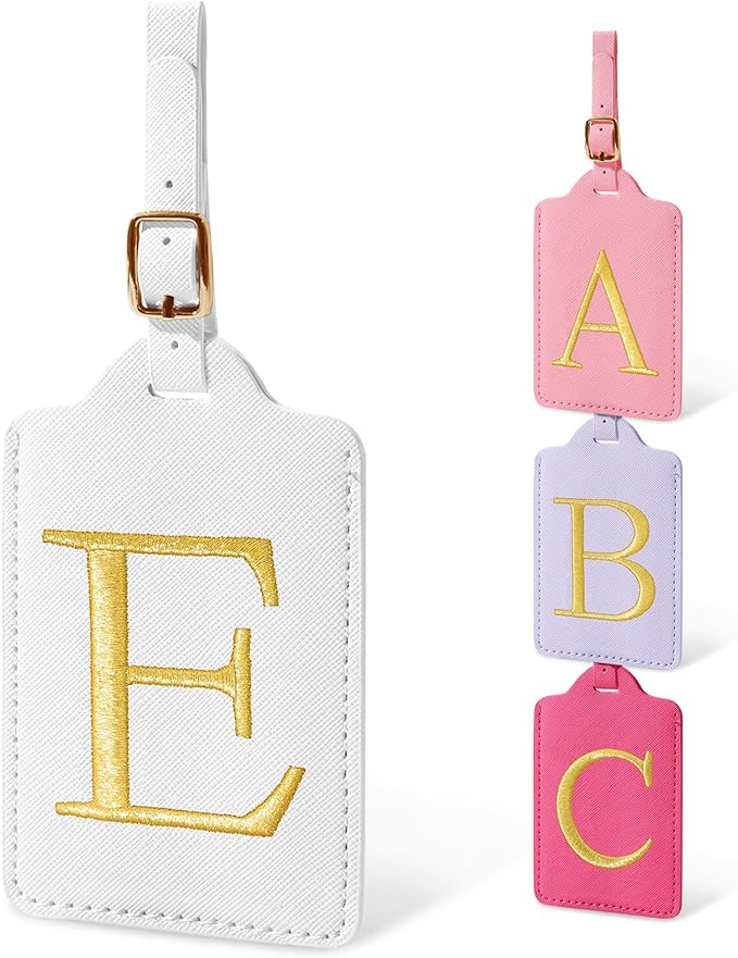 Initial Luggage Tags for Suitcases, Cute Embroidered Letter Luggage Bag Suitcase Identifier Name Baggage Tag, PU Leather Travel Luggage Tags, Bag Tags for Men Women Kids Luggage Handbags(White E)