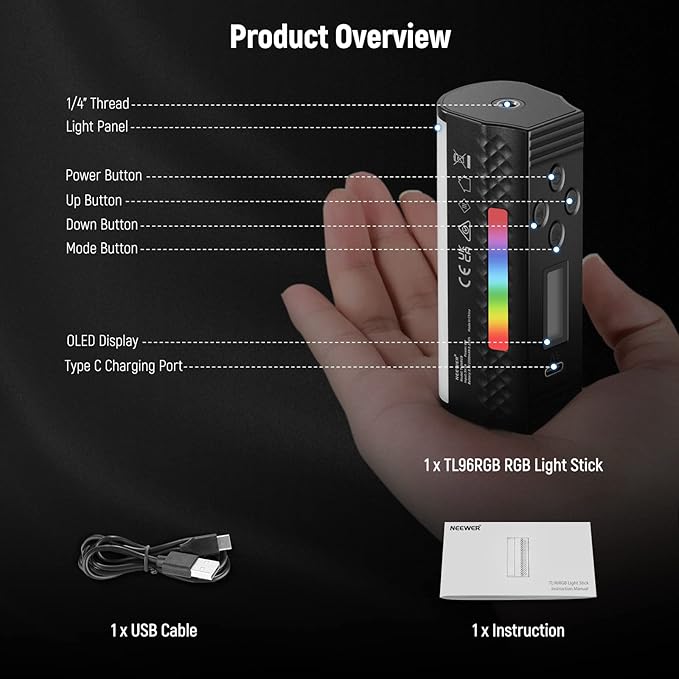 NEEWER Basic Magnetic Handheld Light Wand, 360° Full RGB Mini LED Video Light Stick, 2500mAh Battery, 2500-8500K Dimmable Camera Tube Light for Studio Photography TikTok YouTube Vlog, TL96RGB