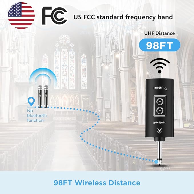 Bietrun Wireless Microphone, UHF Dual Handheld Cordless Dynamic Metal Mic Set with Rechargeable Receiver, 1/4'' Plug Output, for Karaoke, Church, Wedding, Party Singing(98 ft Range)(Auto Connect)