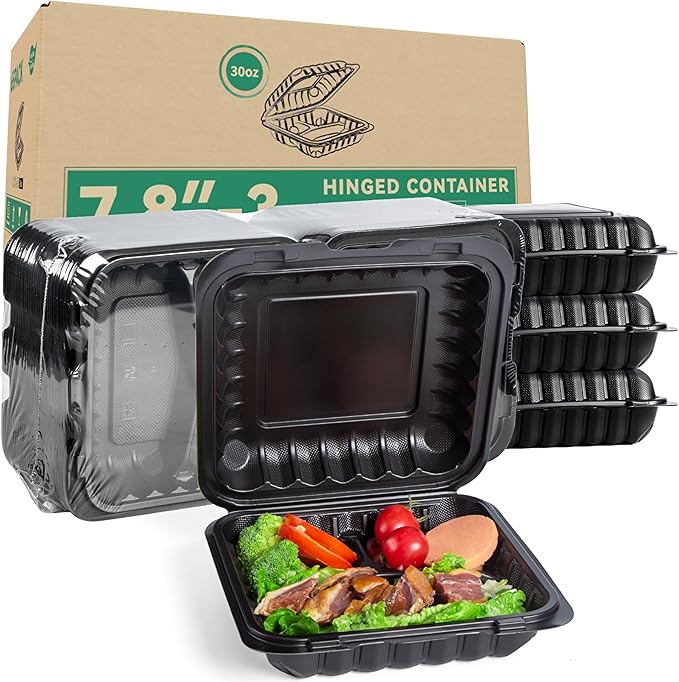 LEOBOX Takeout Container Mineral Filled PP Plastic - 7.8 Inch 30oz 65 Pack BPA Free 3 Compartments Shrink Wrap Bento Box | Freezer & Microwave Safe for Picnic | Black Reusable & Disposable Containers