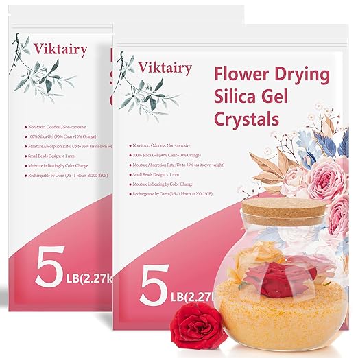 10 LBS Silica Gel Flower Drying (2 Pack 5LBS), Reusable Color Indicating Flower Drying Silica with Brush and User Manual, DIY Wedding Bouquet Flower Preservation Kit, Fine Bead Size<1mm