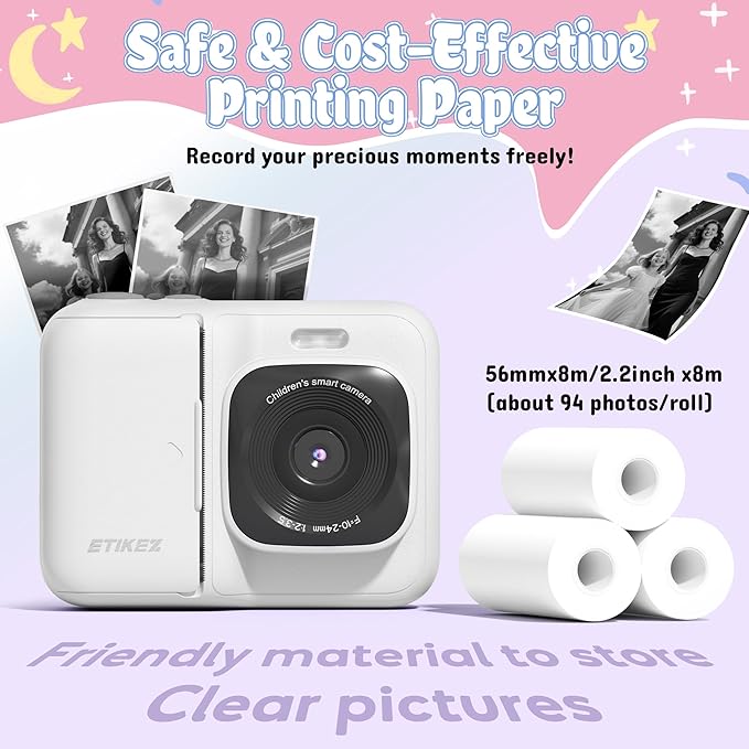 ETIKEZ Kids Camera, 1080P Instant Digital Print Camera for Kids, Christmas Birthday Gifts for 4 5 6 7 8 9 10 Year Old Girls Boys, Portable Toy with 32GB SD Card & 3 Rolls Printing Paper, White