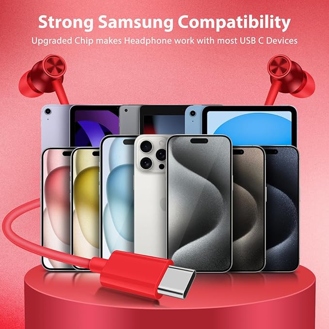 Jiunai USB C Wired Earbuds for iPhone 17 Pro Max 16e Headphone with USB C Plug in Ear Magnetic Stereo S M L Ear Tips Corded Type C Earphone for iPhone 17e 16 15 for Samsung S26 S25 S24 for iPad Red