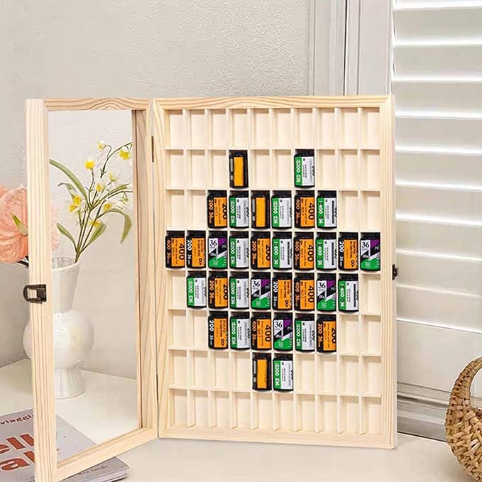 Multipurpose Wooden Film Roll Display Case for Photography Enthusiasts Canister Collector Storage Box with Lid Transparents Organiser