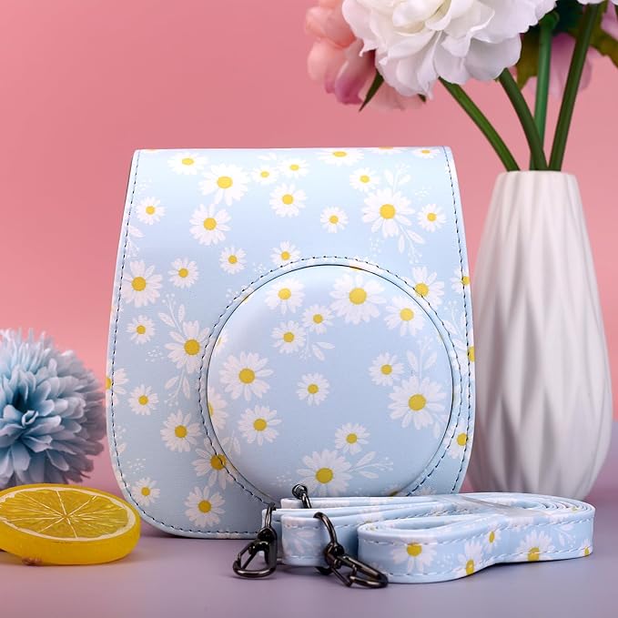 Frankmate Protective Case Fit for Fujifilm Instax Mini 12 11 9 8 Camera, PU Leather Camera Bag with Pocket and Adjustable Shoulder Strap (Blue Daisy)